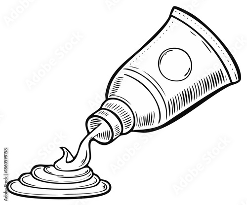 Squeezed tube dispensing a blob of creamy substance hand drawn line art illustration