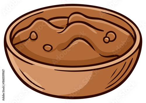 Cartoon brown bowl filled with smooth chocolate pudding or mousse dessert