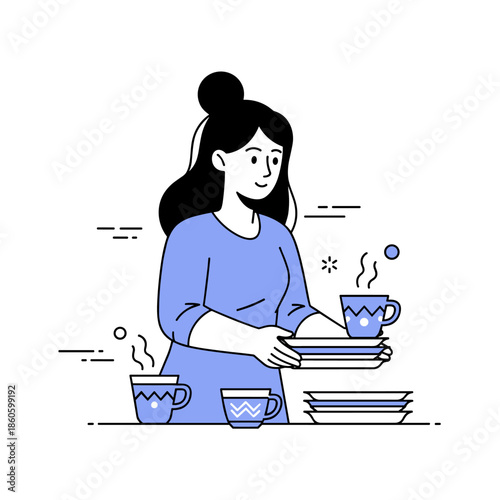 Asian female adult enjoying tea while organizing kitchenware