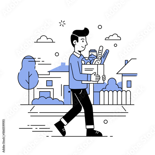 Male carrying groceries in suburban neighborhood illustration