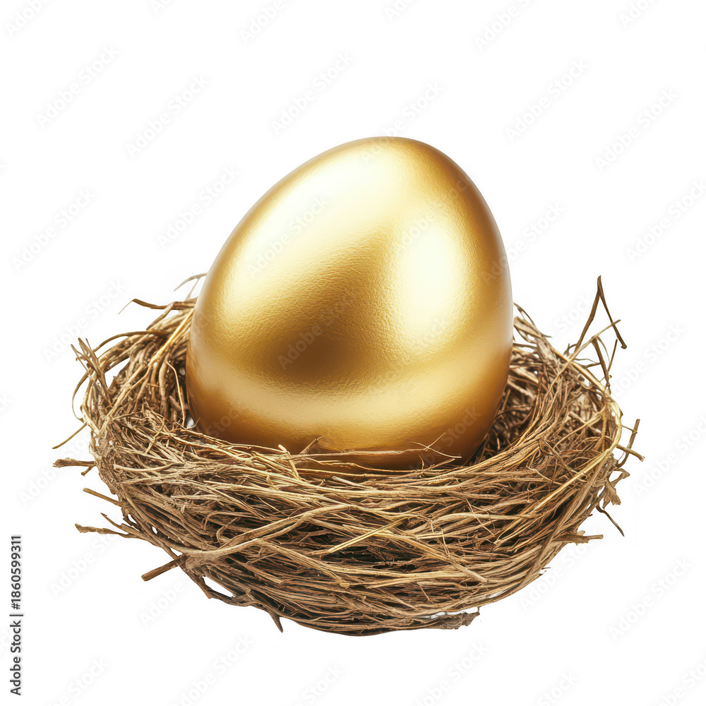 Obraz premium A shiny golden egg resting in a rustic nest made of twigs. symbolizing prosperity and new beginnings. set against a clean white background ideal for promotional materials or inspirational content