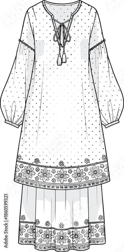 Boho peasant dress, fashion flat sketch, embroidered floral hem, long sleeve vector illustration design