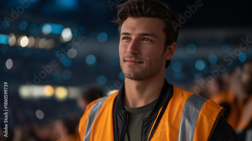 A stadium steward managing crowd flow during a sold-out sports event, reflective vest catching arena lights as fans cheer behind them — event safety, crowd control, and live entertainment