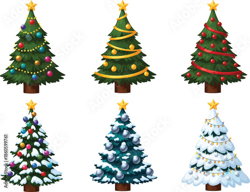 Christmas Tree Decoration Set with Colorful Ornaments, Garland and Snowy Winter Styles for Holiday Celebration, Greeting Cards and Festive Design