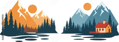 Scenic mountain landscape with a cozy cabin and a golden setting sun