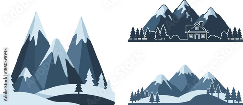 Stylized mountain landscapes with a cozy cabin and evergreen trees illustration