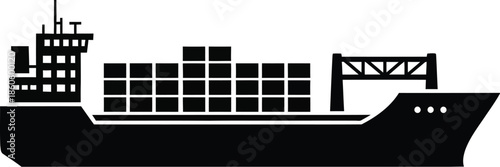 Simple black silhouette of a large container ship at sea
