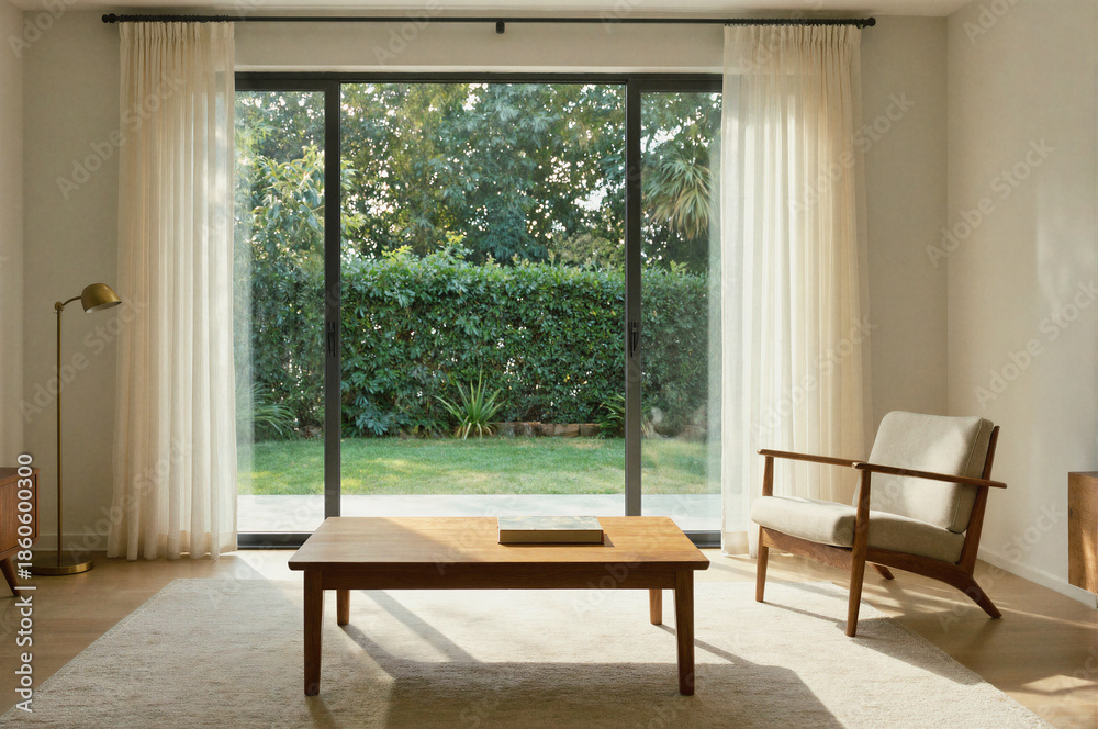 Fototapeta premium A modern living room with wooden furniture, a low coffee table, and a large sliding glass door opening to a green garden, illuminated by natural sunlight.