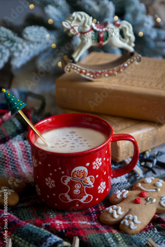 New Year's treats on the table and the symbol of the new 2026: a horse, tea, coffee, gingerbread and zephyr.