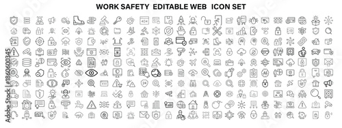 Work Safety editable stroke outline web icons set. Safety first, hazard, protection, health, insurance, regulations, helmet and work. Vector illustration design big icon set design 