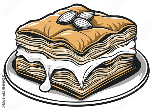 Golden layered sweet baklava pastry with creamy glaze and almond toppings on a plate
