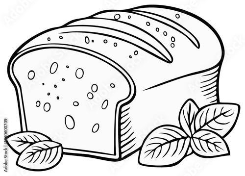 Fresh loaf of bread with basil leaves illustration