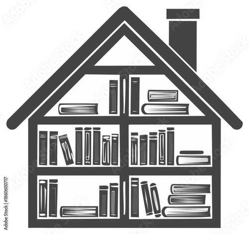 Monochromatic house outline filled with detailed bookshelves and numerous books, representing home, education, and knowledge.