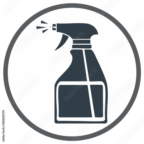 Dark grey spray bottle icon actively spraying liquid, enclosed in a circular frame, symbolizing cleaning, disinfection, and hygiene.