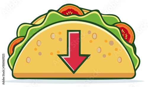 Cartoon taco illustration with arrow, lettuce, and tomato elements