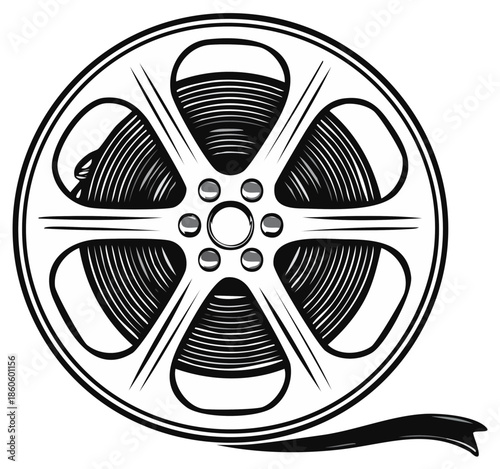 Film Reel Illustration with Cinema Tape Unwinding in a Bold Black and White Style