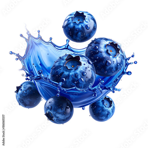 Fresh blueberries splashing in blue liquid with water droplets, isolated on white background
