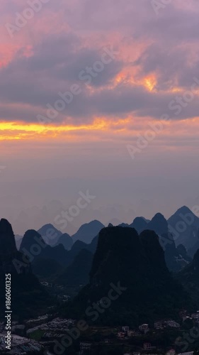 the Mountain Landscape in Yangshuo at Sunset, Guilin