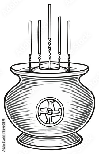Hand drawn illustration of a traditional censer with incense sticks for spiritual rituals