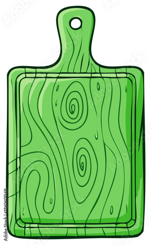 Cartoon green wooden cutting board with a handle and unique wood grain design