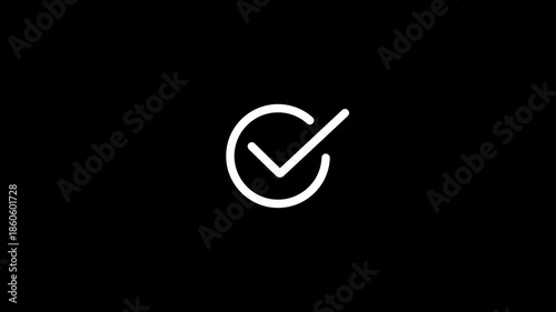White color chick mark icon, ok button animation on black background.Sign OK on a Black Background. Web Concept.Abstract check mark symbol white color Animation. Black background 4k video.