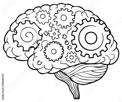 Brain illustration with gears, showing concepts of ideas, thought, and intelligence.