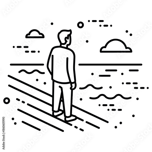 Outline of man contemplating ocean sunset with clouds