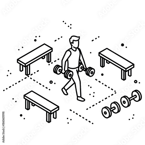 Monochrome fitness: caucasian male adult exercising with dumbbells in minimalist gym setting