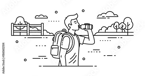 Outline of adult caucasian male with backpack hydrating in nature
