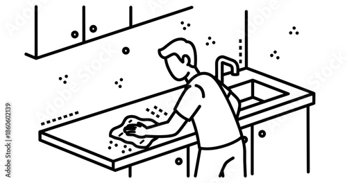 Line art of man cleaning kitchen counter with sink