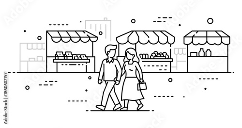 Couple walking through outdoor market with vendor stalls and produce displays