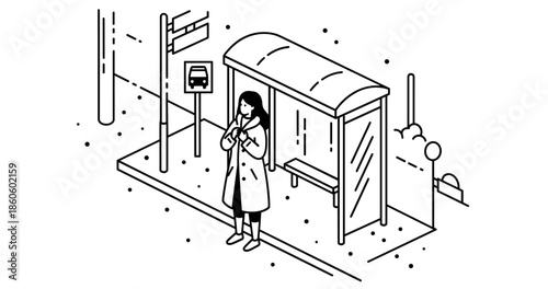 Asian female waiting at bus stop in winter coat line art illustration