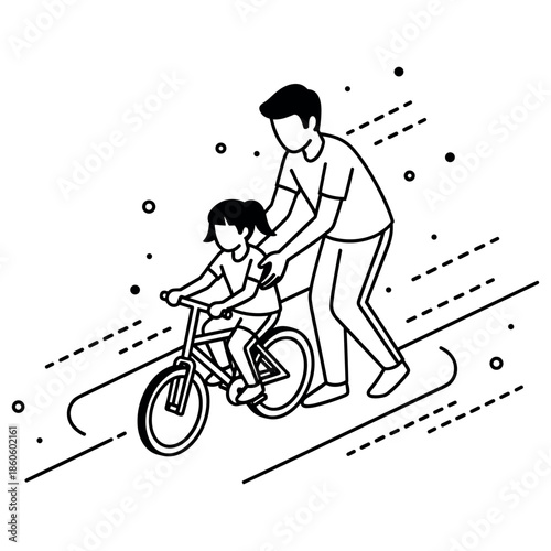 Adult teaching child to ride bicycle - line art illustration