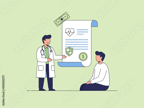 Doctor Explains Health Insurance Policy to Patient with Financial Symbols