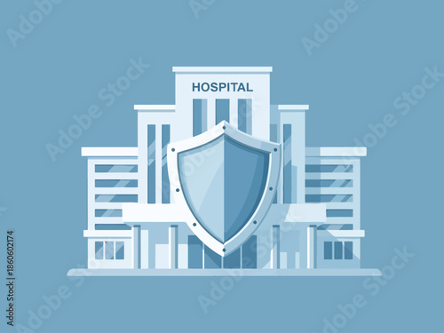 Hospital Building Protected by Security Shield Emblem Healthcare Safety Concept