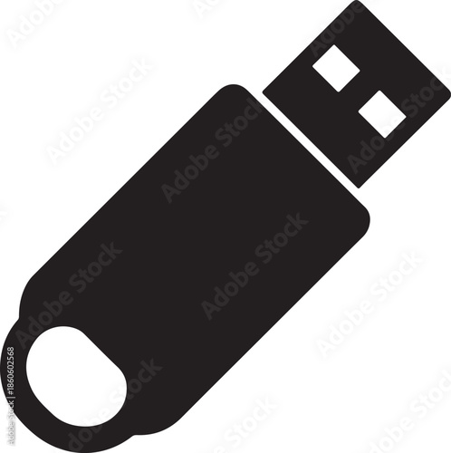 Minimalist black silhouette of a U S B flash drive with a square connector