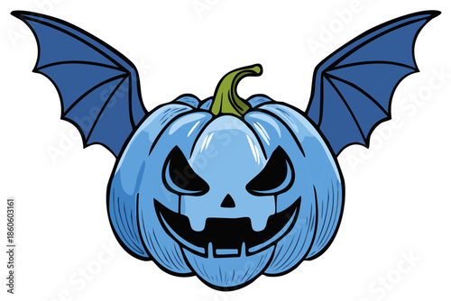 Scary blue pumpkin with bat wings in mid-flight for Halloween celebration