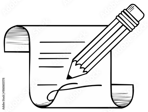 Black and white line art of a pencil writing a signature on a parchment scroll document