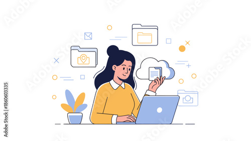 Young asian female working on laptop with cloud computing and file management