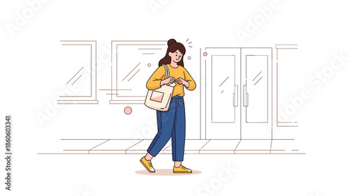 Young caucasian female shopping in city with eco-friendly tote bag