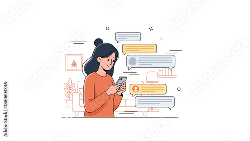 Young asian female engaging with smartphone in a modern home interior with messaging icons