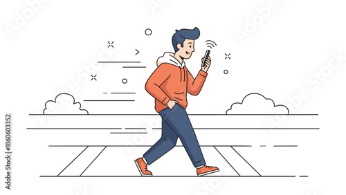 Young caucasian male walking and texting on smartphone outdoors in casual outfit