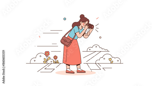 Young caucasian female photographer in nature setting with camera and flowers