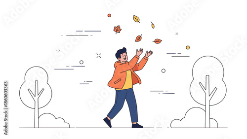 Caucasian young male joyfully tossing autumn leaves in park
