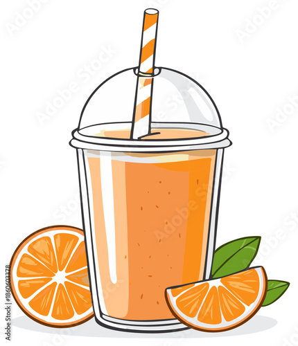 Orange smoothie in plastic cup with straw and fresh fruit slices around it. Healthy refreshing orange juice.