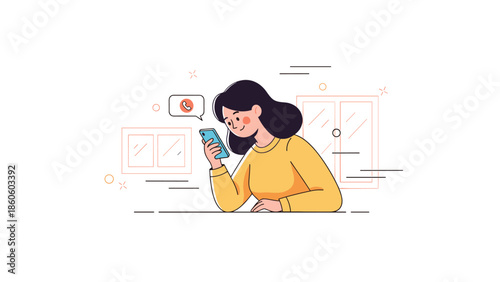 Young female engaging with smartphone in modern minimalist setting