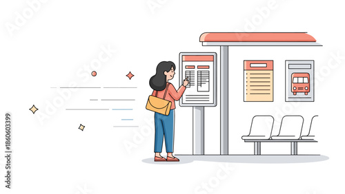 Young hispanic female checking bus schedule at modern bus stop
