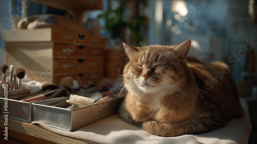 A calm cat receiving gentle brushing on a padded grooming table, grooming tools neatly arranged in stainless trays as the animal relaxes into the soothing routine. cinematic color correction,