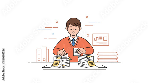 Young caucasian male office worker organizing documents at desk in illustrative style