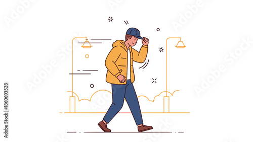 Young caucasian male walking in urban setting wearing yellow jacket and cap